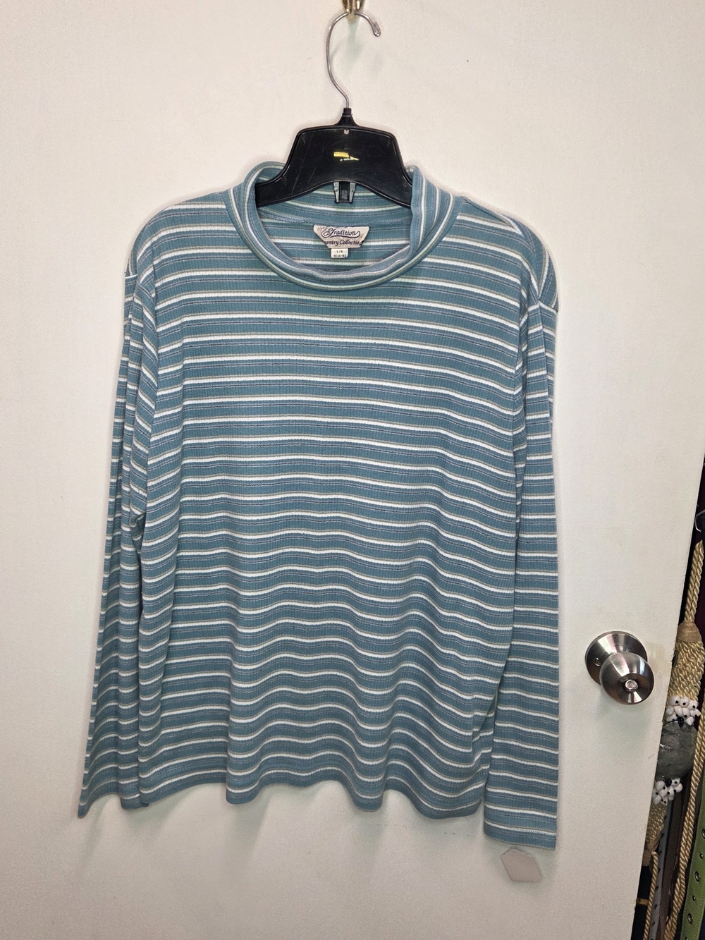 VTG Tradition Country Collection Striped Mock Neck Top Teal Blue White L 16